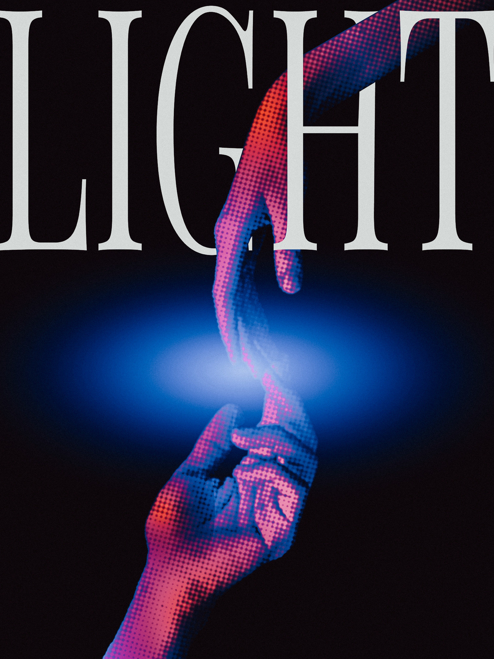 Color halftone poster — LIGHT: two hands reaching toward each other in pink and blue halftone