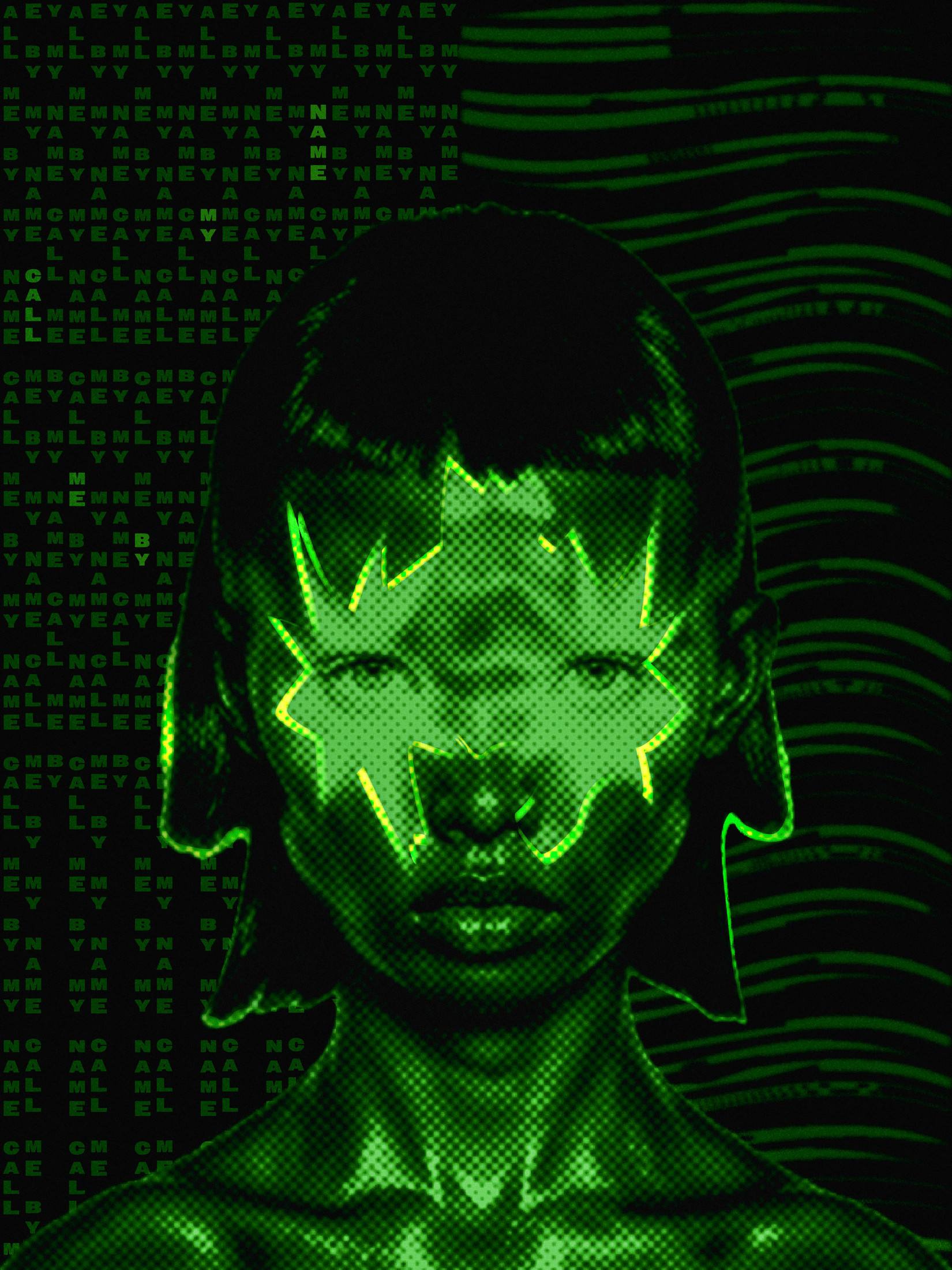 Color halftone poster — a face with glowing green graphic lines on a green code background