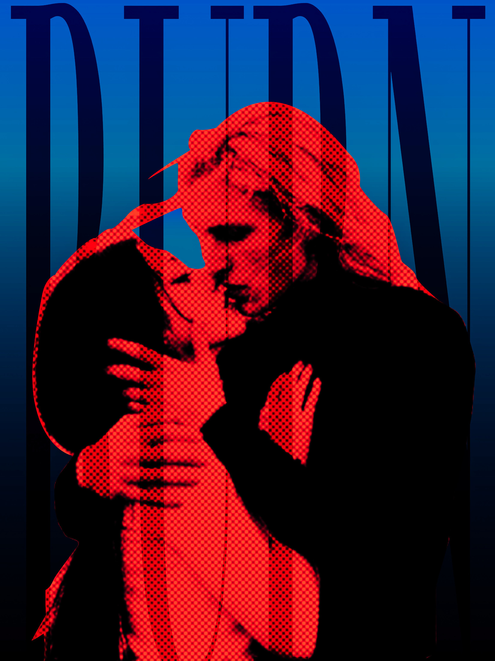Color halftone poster — a couple embracing in red halftone under large blue lettering