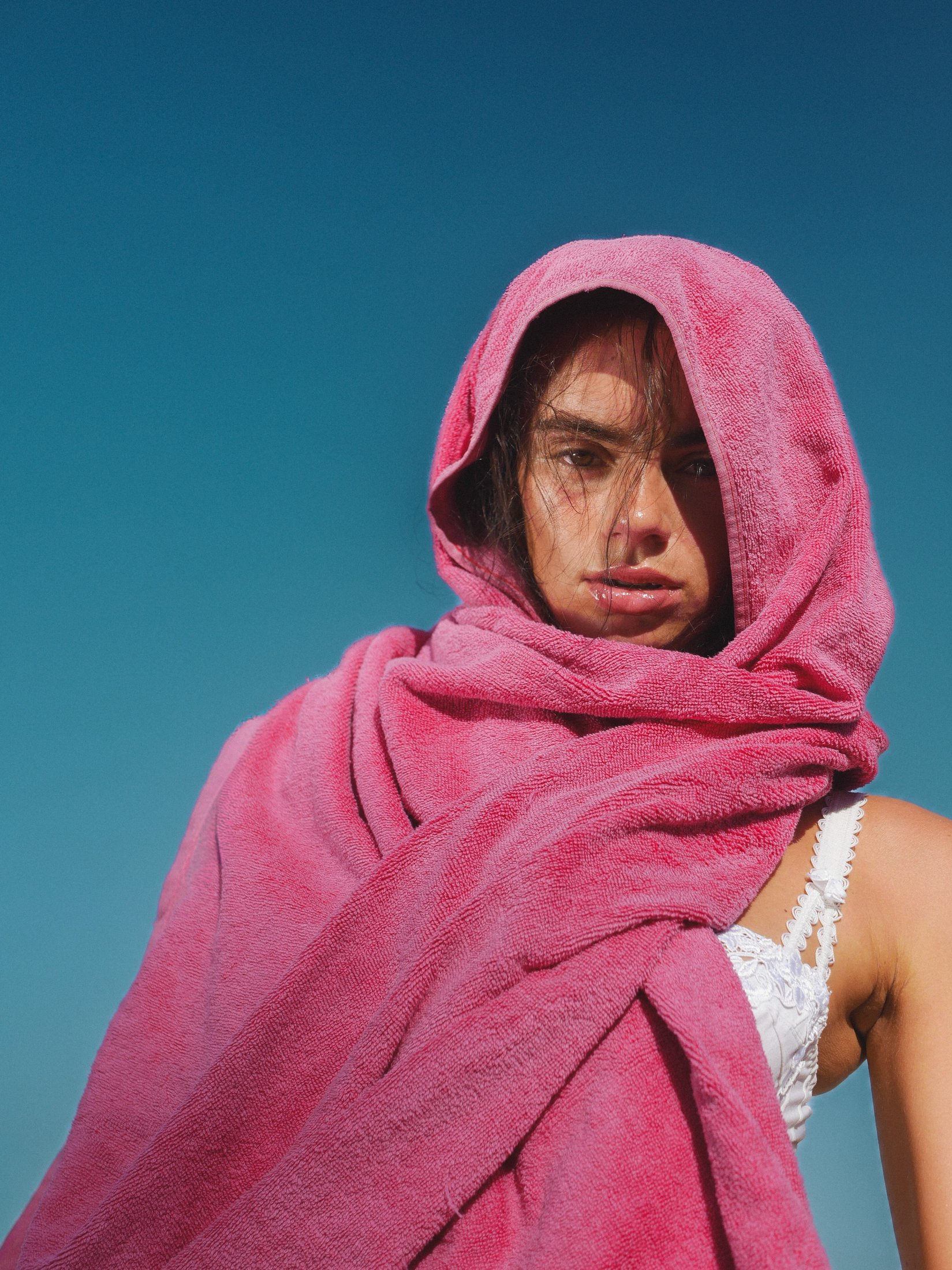 Anne Charlotte, portrait — pink towel wrapped around her shoulders